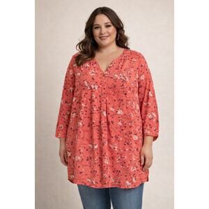 Woman Within 3X Coral Floral Button Front Tunic Blouse Rayon